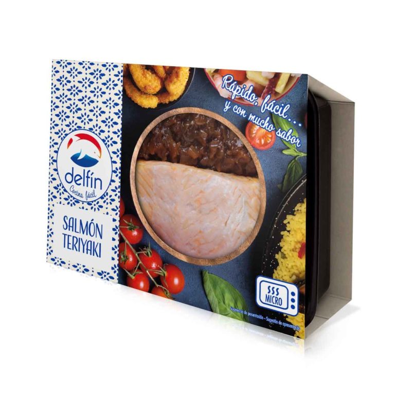 un envase de salmón teriyaki de Delfín Ultracongelados