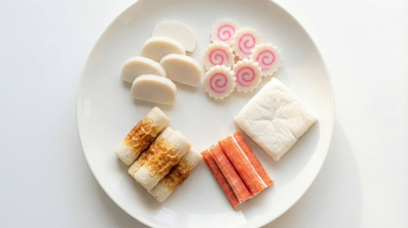 Different types of Japanese kamaboko- classic kamaboko, narutomaki, chikuwa, hanpen and kanikama