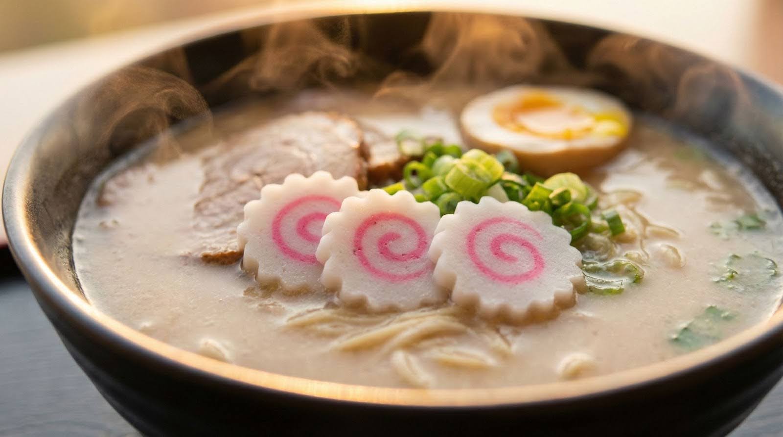 Narutomaki with a pink spiral as a decorative topping for tonkotsu ramen