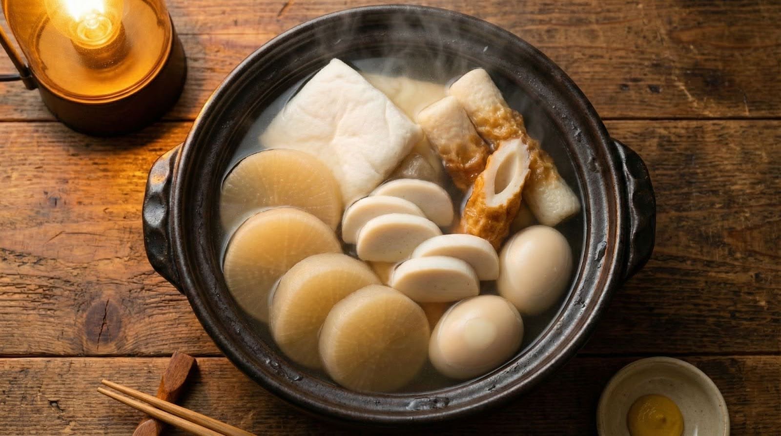 Japanese oden with hanpen, chikuwa and kamaboko cooked in hot dashi broth
