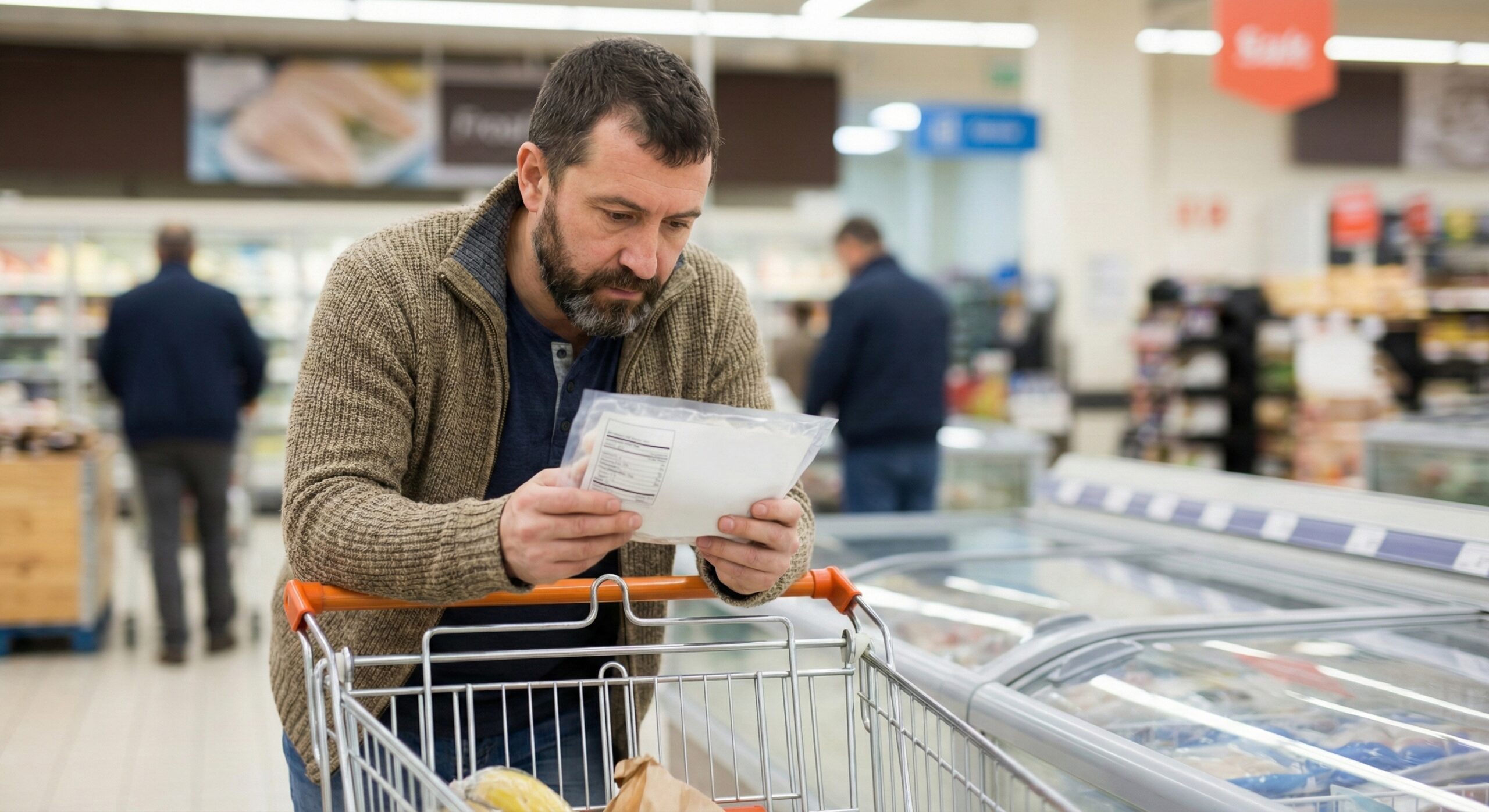 Hombre español mira la etiqueta del pescado congelado
