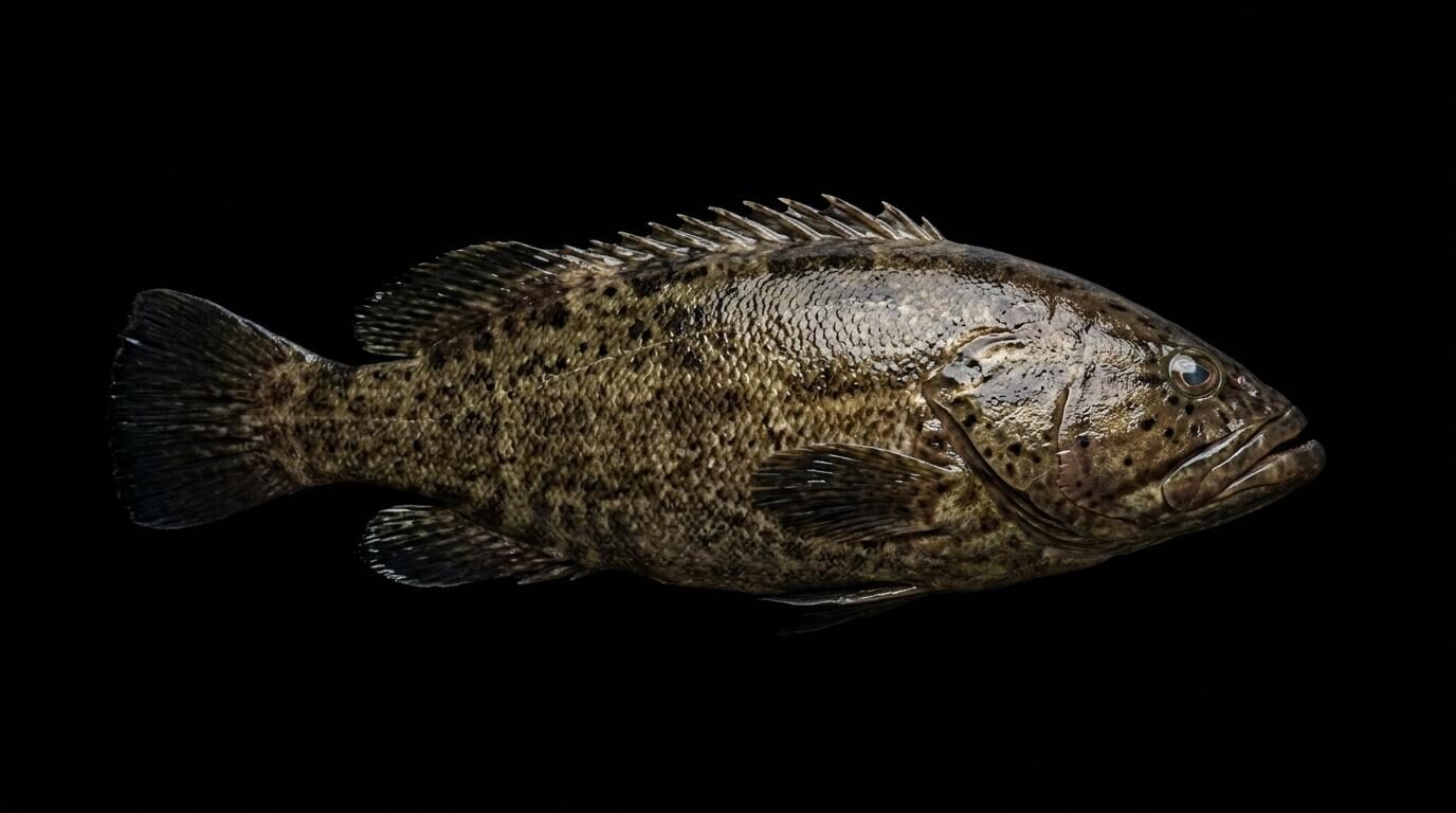 Dettaglio di una cernia fresca su sfondo nero