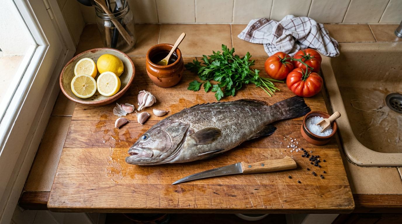 Garoupa fresca preparada na cozinha com ingredientes mediterrâneos.