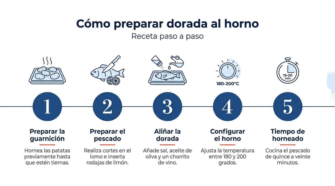 Infografía con los pasos para hacer dorada al horno