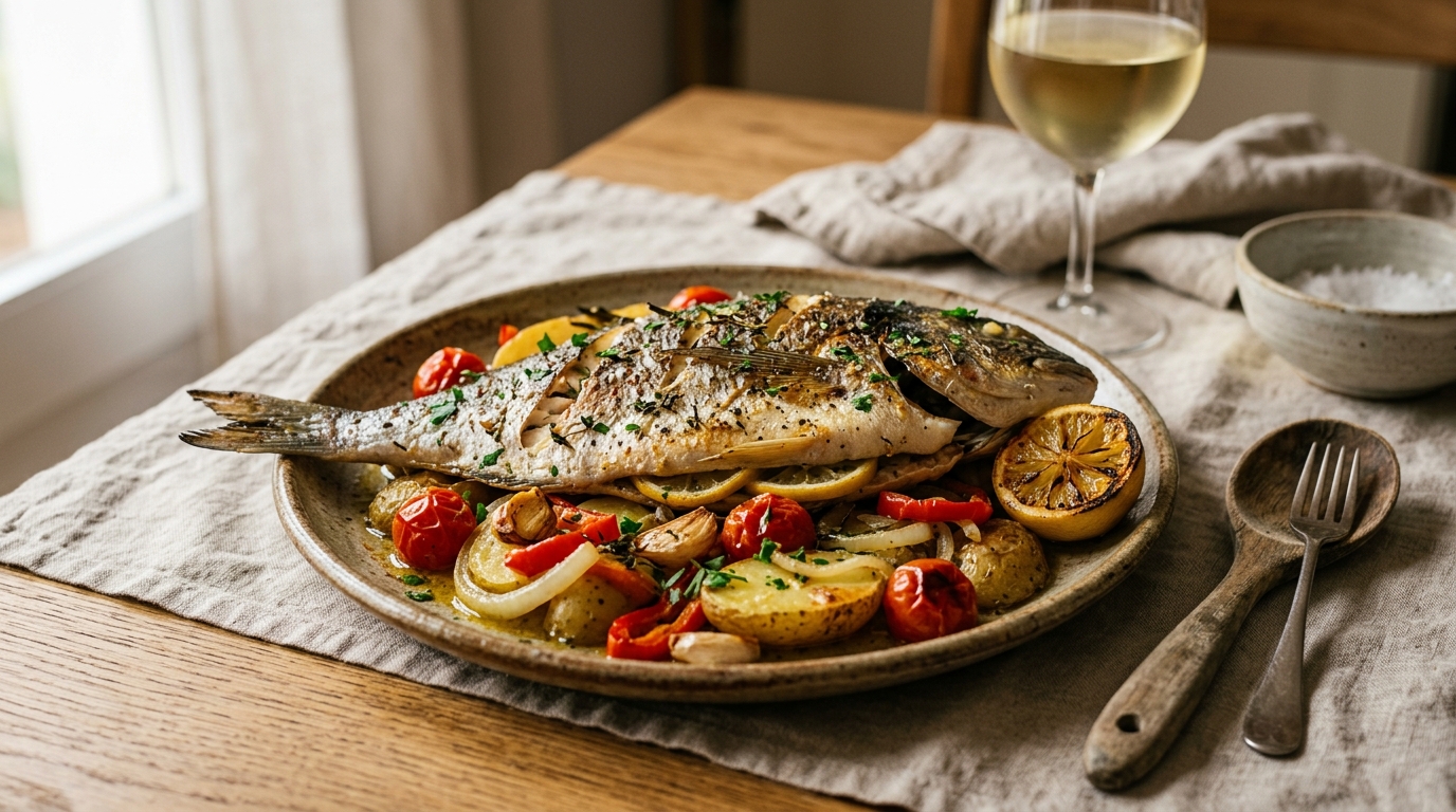Dorada al horno emplatado listo para servir
