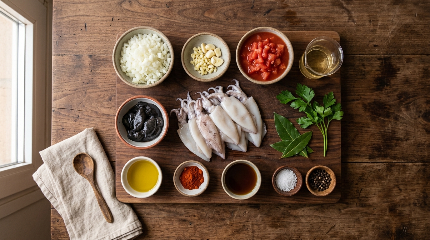 Ingredientes necesarios para preparar calamares en su tinta