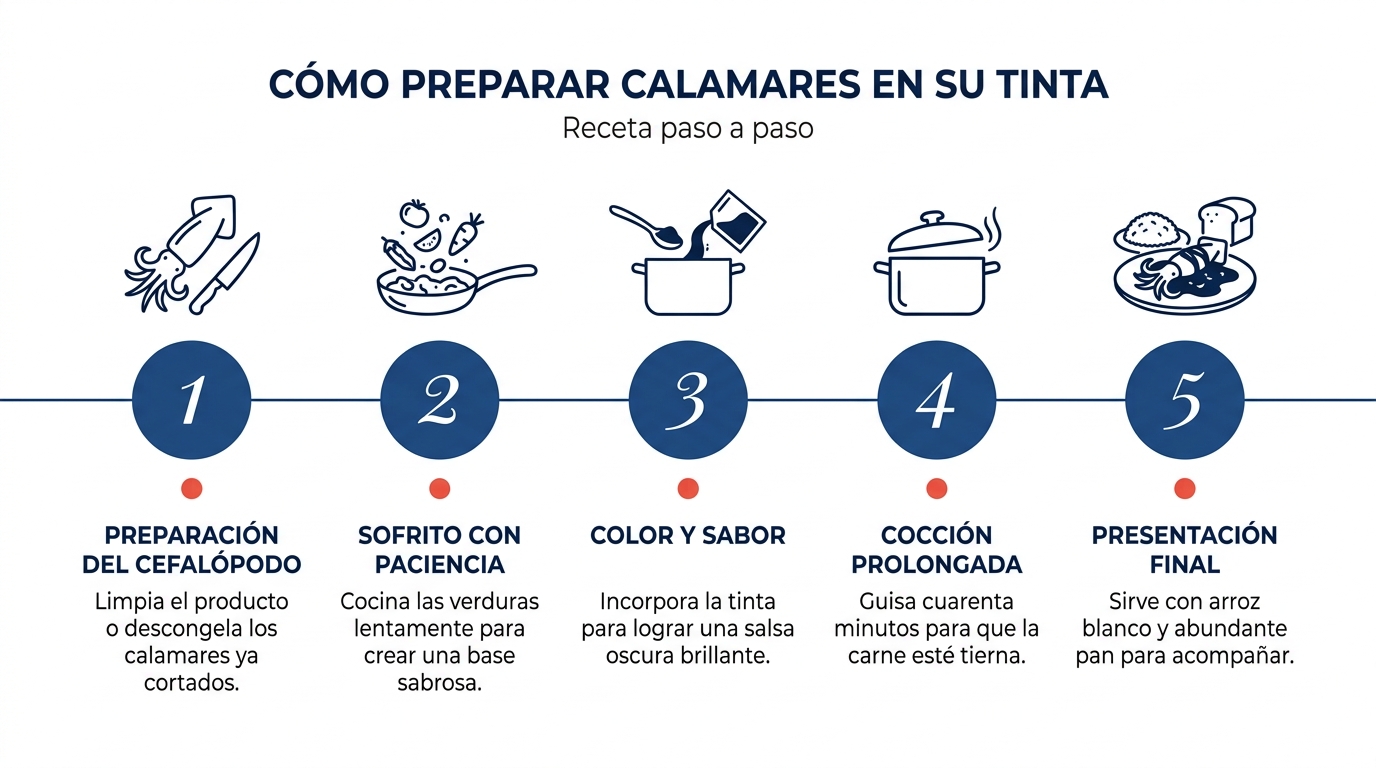 Infografía con los pasos para hacer calamares en su tinta
