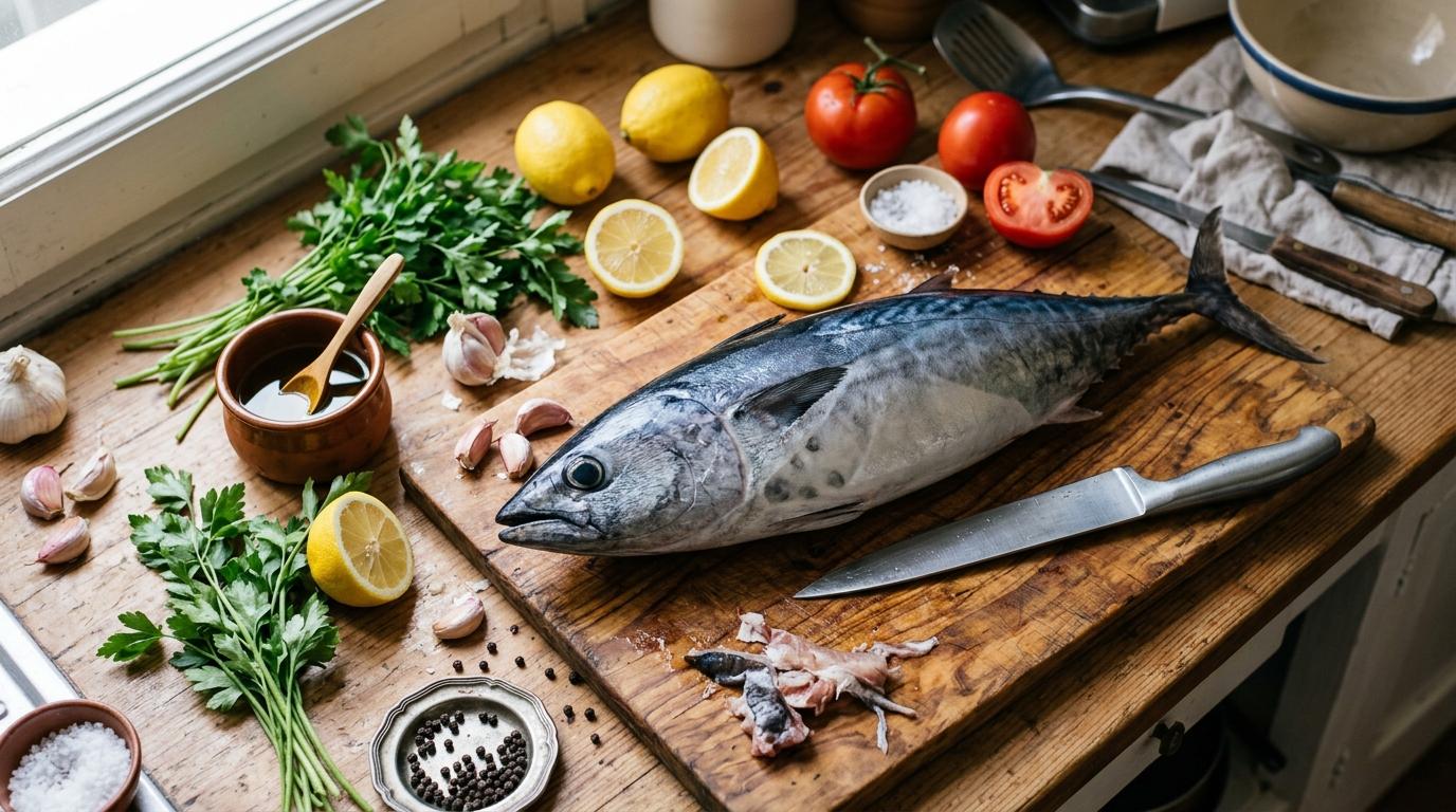 Bonito del norte fresco preparado en cocina con ingredientes mediterráneos
