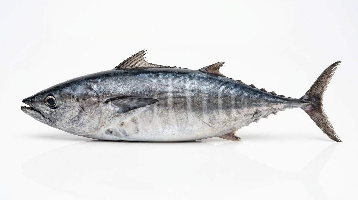 Bonito del norte entero de perfil sobre fondo blanco
