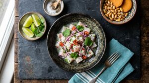 Plato terminado de ceviche de pescado blanco servido con guarnición