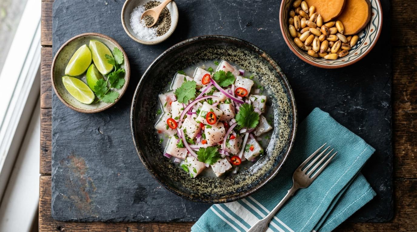 Plato terminado de ceviche de pescado blanco servido con guarnición