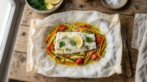 Papillote de pescado abierto sobre mesa de madera con merluza al vapor, juliana de verduras, limón y eneldo