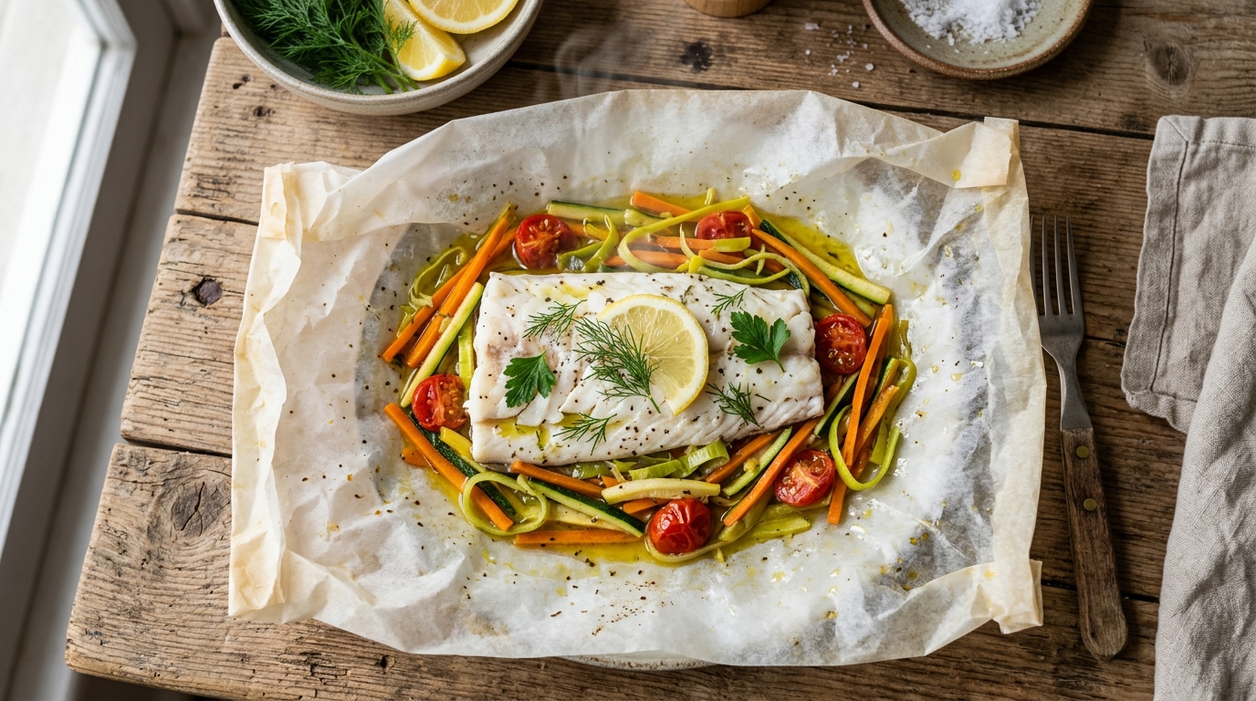 Papillote de pescado abierto sobre mesa de madera con merluza al vapor, juliana de verduras, limón y eneldo