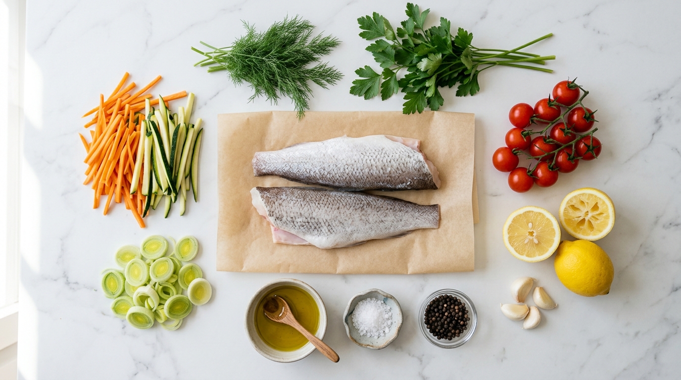 Ingredientes para preparar papillote de pescado sobre mármol blanco: lomos de pescado, verduras en juliana, limones, hierbas frescas y aceite de oliva