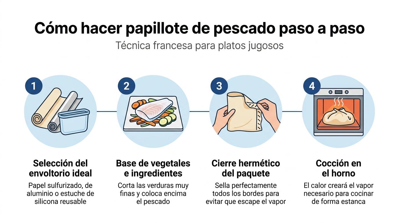 Infografía sobre la técnica del papillote: cocción al vapor en circuito cerrado