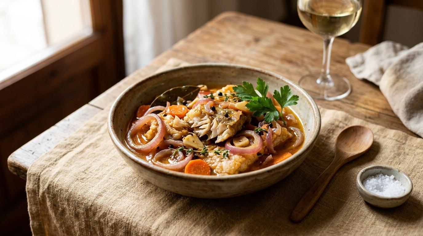 Pescado en escabeche emplatado listo para servir