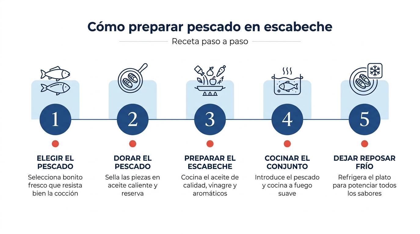 Infografía con los pasos para hacer pescado en escabeche