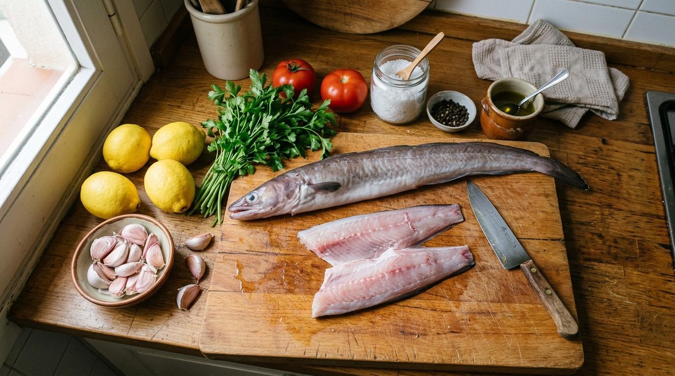 Congrio fresco preparado con ingredientes mediterráneos