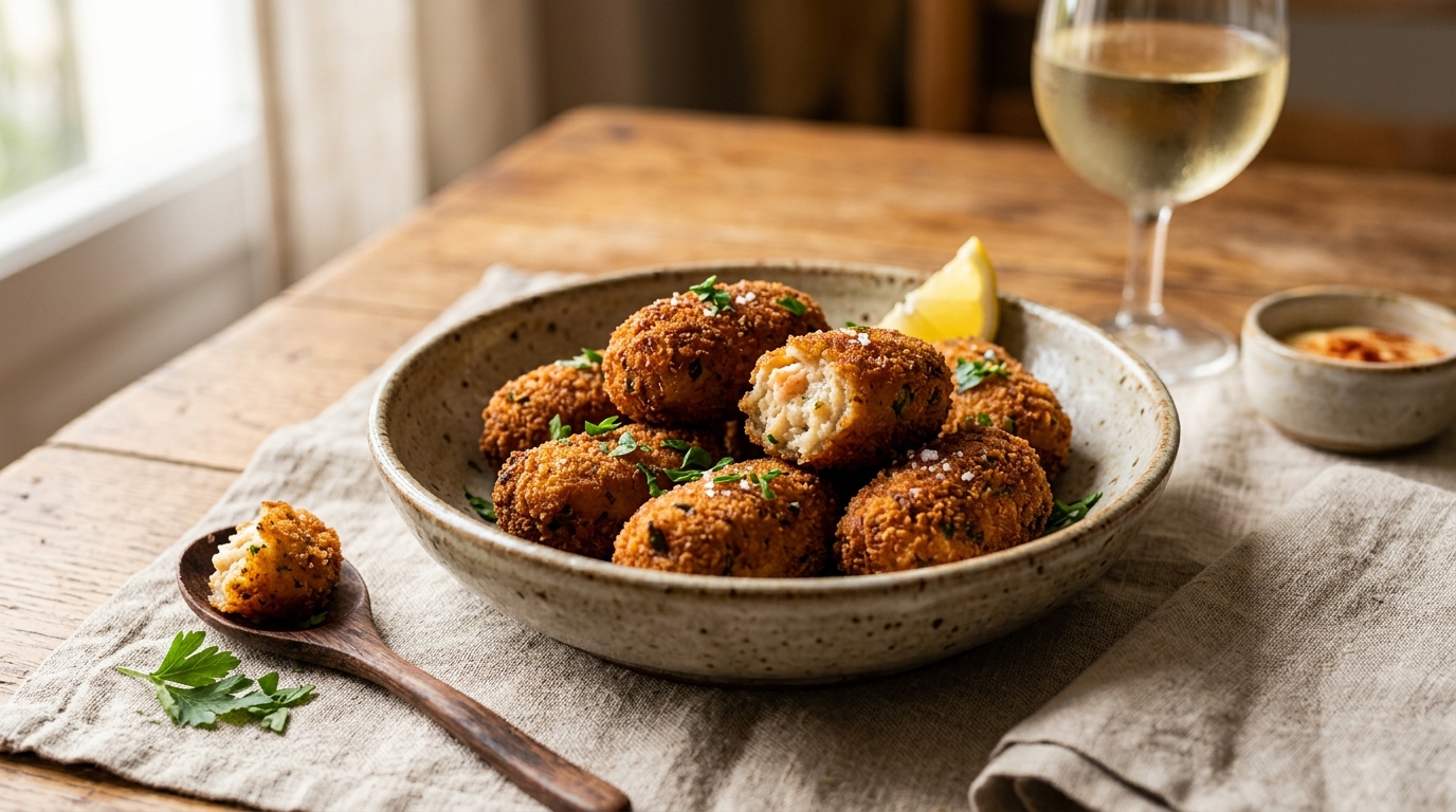Croquetas de marisco emplatado listo para servir