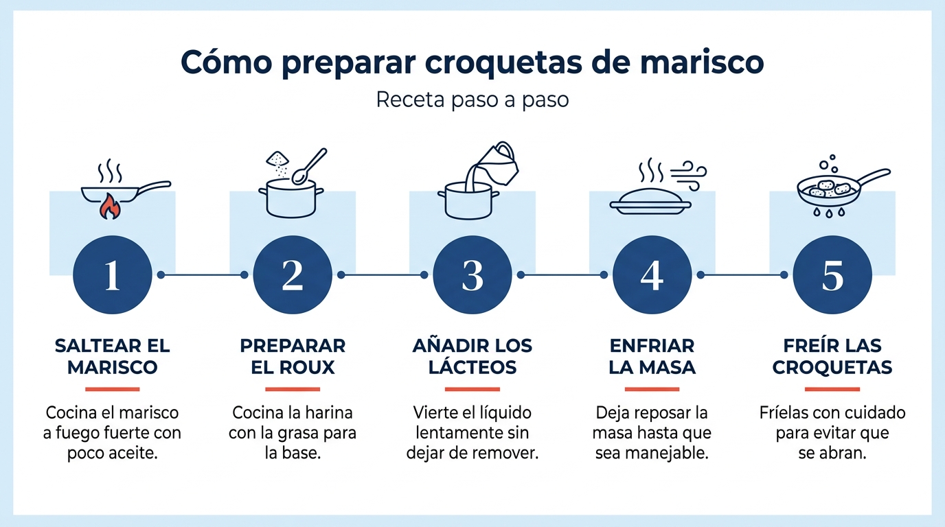 Infografía con los pasos para hacer croquetas de marisco