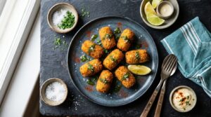 Plato terminado de croquetas de marisco servido con guarnición