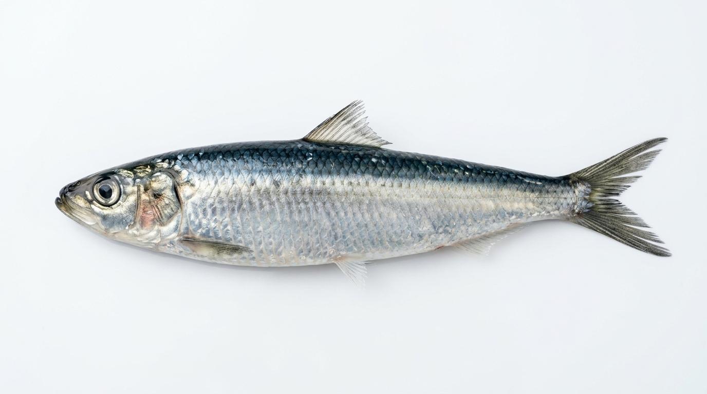 Sardina entera de perfil sobre fondo blanco