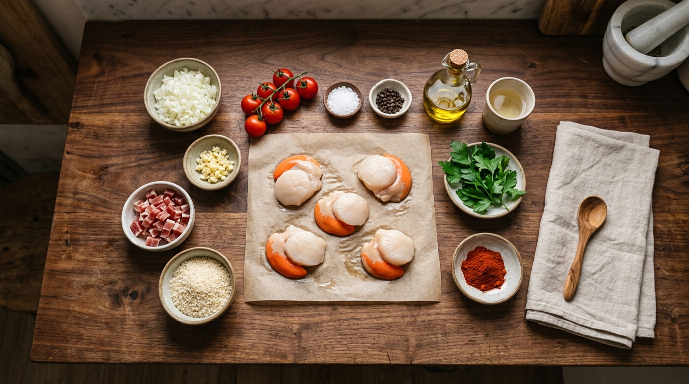 Ingredientes necesarios para preparar vieiras a la gallega