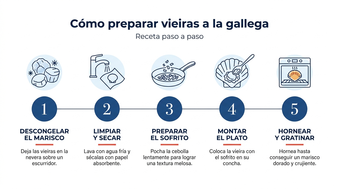 Infografía con los pasos para hacer vieiras a la gallega