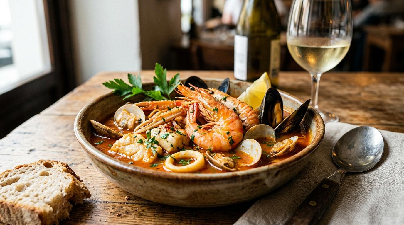 Zarzuela de pescado y marisco emplatado listo para servir