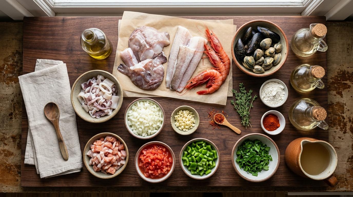 Ingredientes necesarios para preparar zarzuela de pescado y marisco
