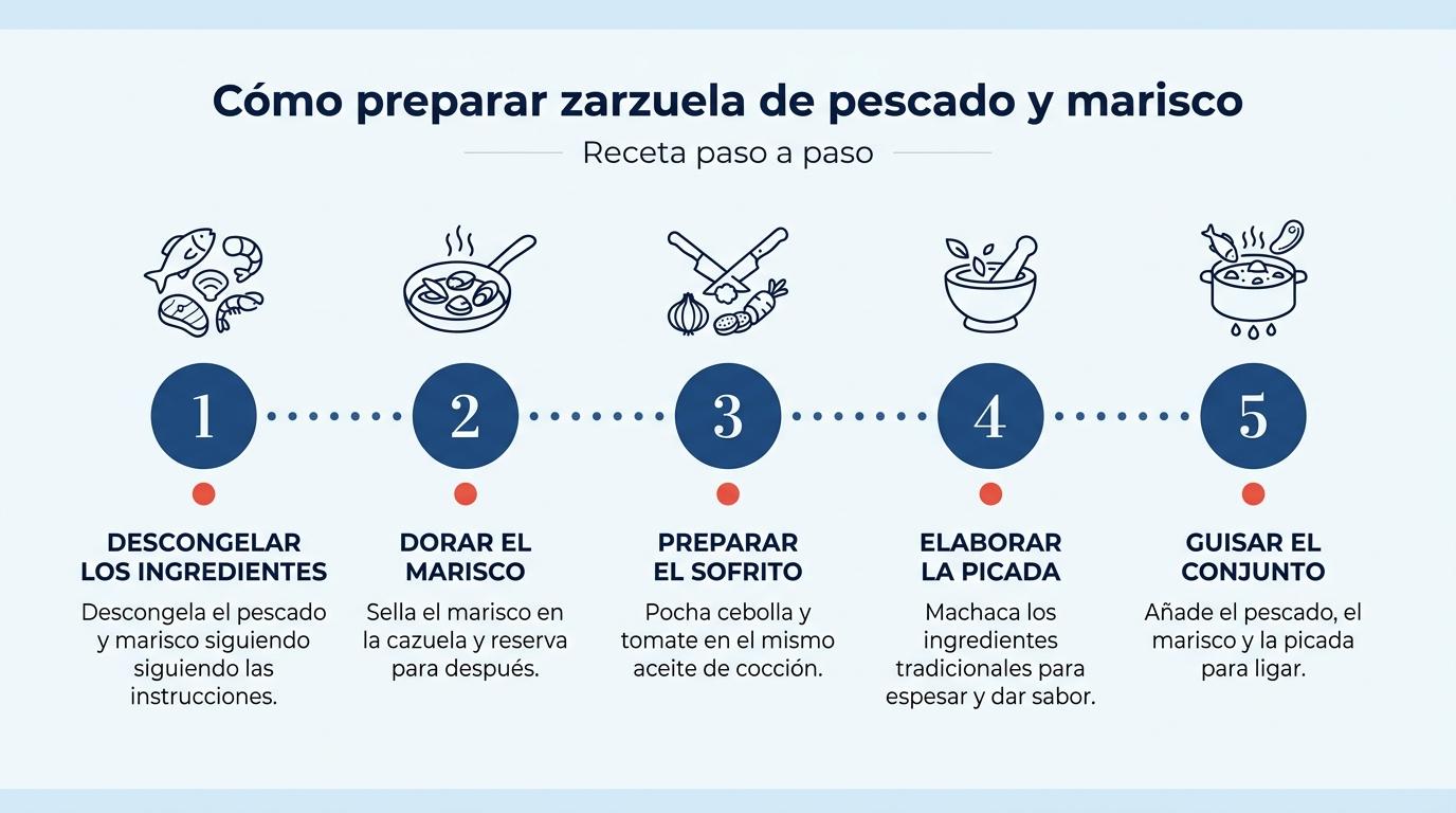 Infografía con los pasos para hacer zarzuela de pescado y marisco