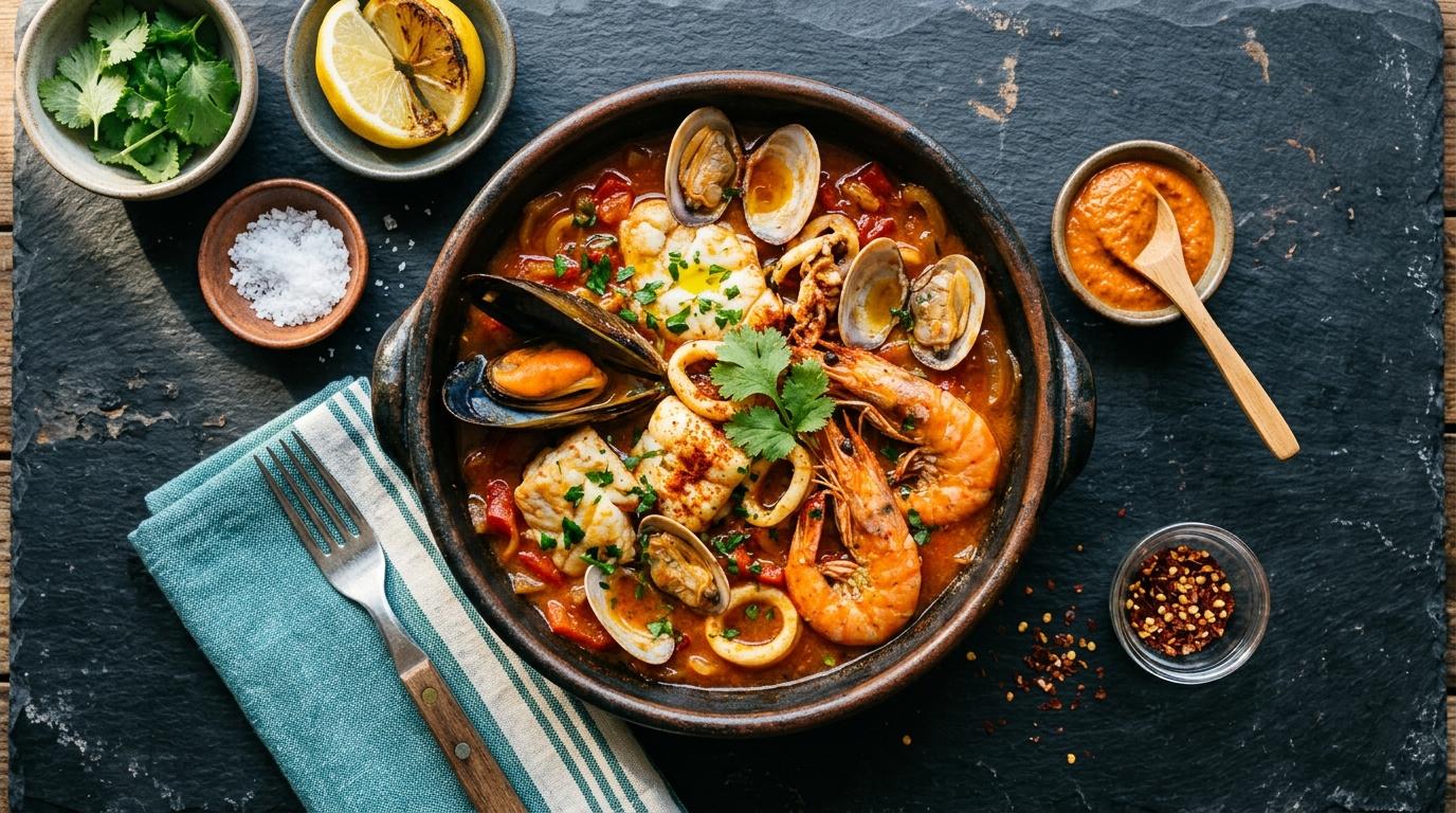 Plato terminado de zarzuela de pescado y marisco servido con guarnición