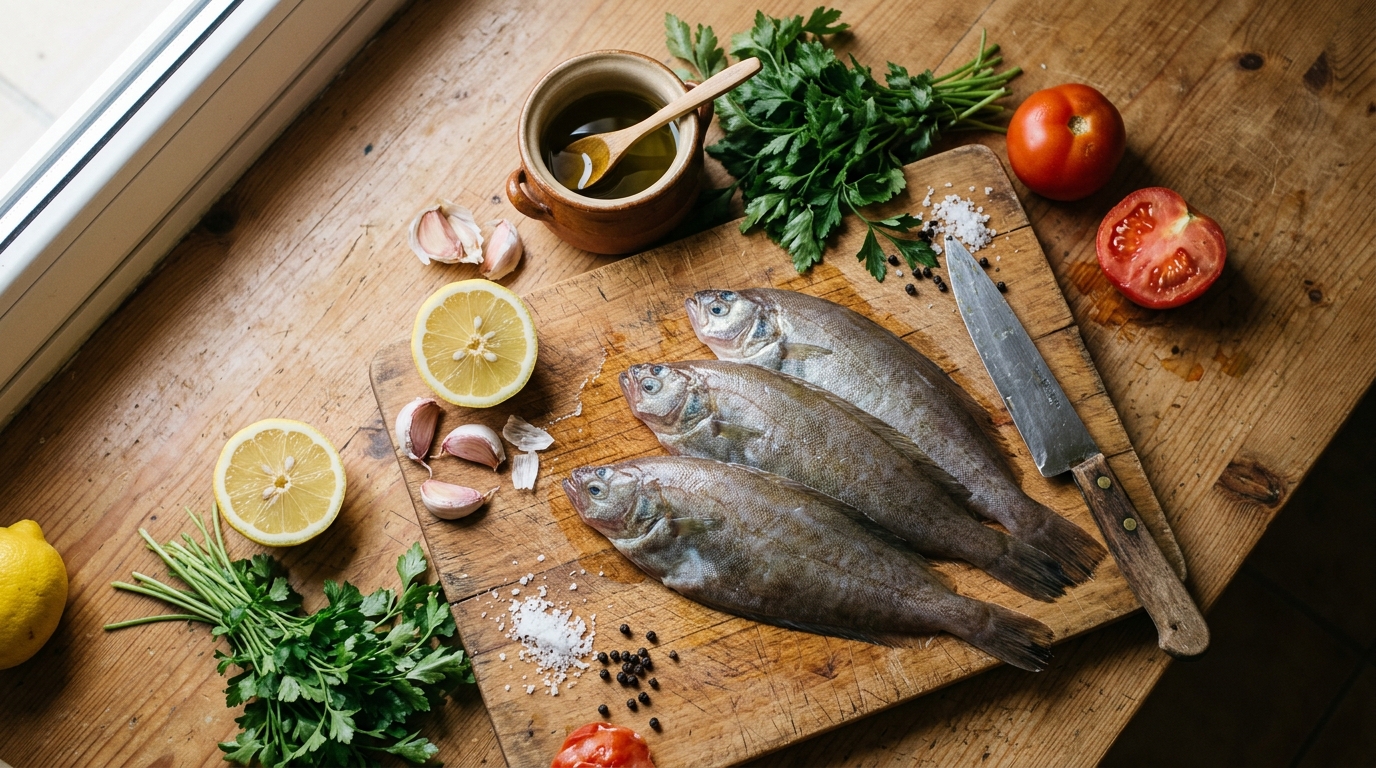 Lenguado fresco preparado en cocina con ingredientes mediterráneos
