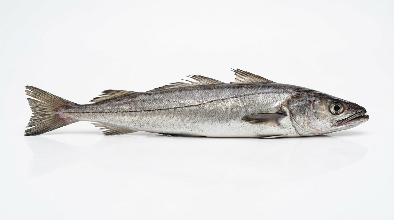 Pescadilla entero de perfil sobre fondo blanco