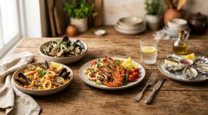 Table set with various seafood dishes: rice with clams and mussels, grilled prawns, squid and oysters