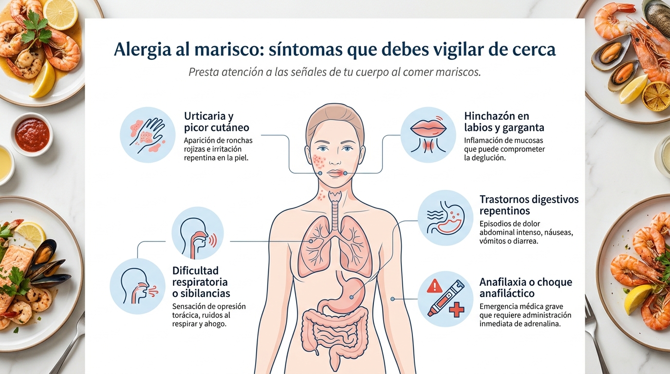 Infografía con los síntomas de la alergia al marisco: urticaria y picor, hinchazón de labios y garganta, trastornos digestivos, dificultad respiratoria y anafilaxia