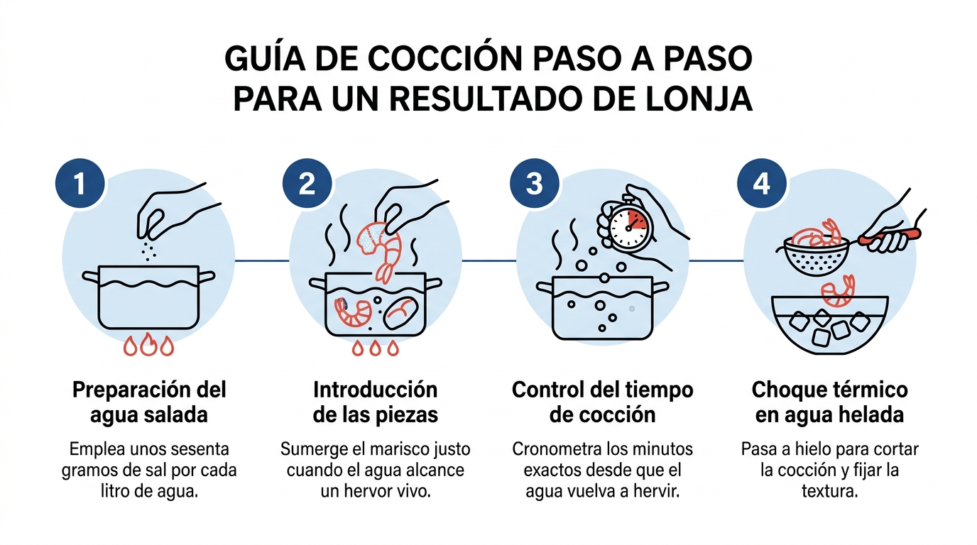 Infografía con los cuatro pasos para cocer marisco: preparar el agua salada, introducir las piezas, controlar el tiempo de cocción y choque térmico en agua helada