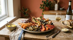 Homemade seafood platter with lobster, langoustines, clams, mussels, prawns and spider crab