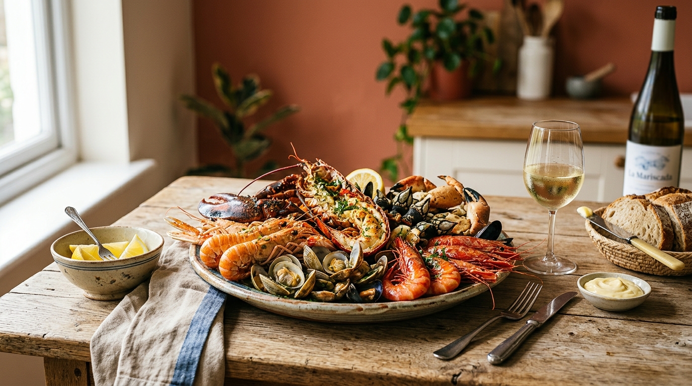 Bandeja de mariscada casera con bogavante, cigalas, almejas, mejillones, gambas y buey de mar