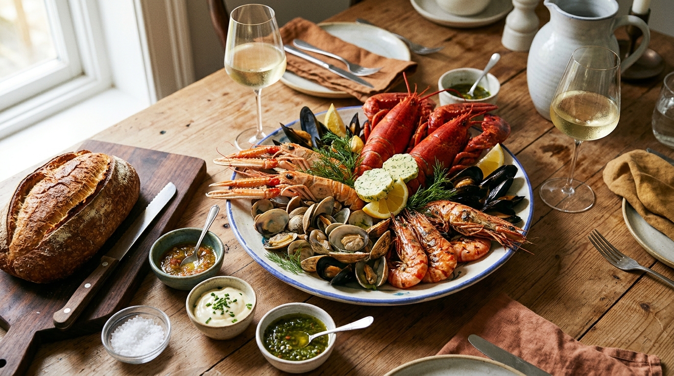 Mariscada servida en la mesa con bogavante, cigalas, almejas, mejillones y langostinos, acompañada de pan y vino blanco