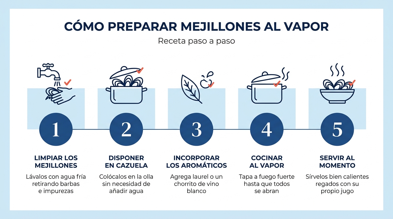 Infografía con los pasos para hacer mejillones al vapor