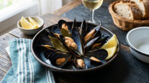 Plato terminado de mejillones al vapor servido con guarnición