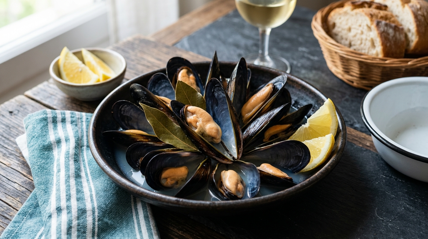 Plato terminado de mejillones al vapor servido con guarnición