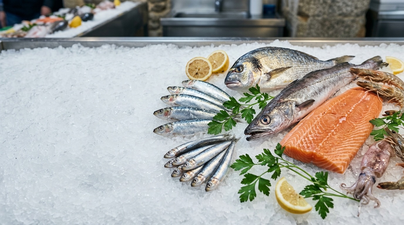 Pescado fresco sobre hielo en una pescadería: sardinas, boquerones, dorada, merluza, lomo de salmón, gambas y calamar