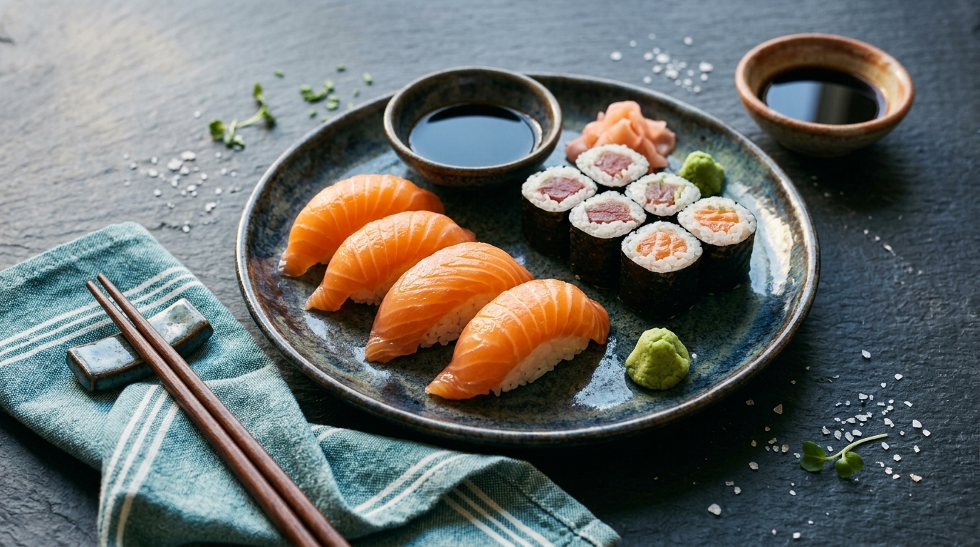 Sushi casero emplatado con nigiris de salmón y makis de atún y salmón, listo para servir