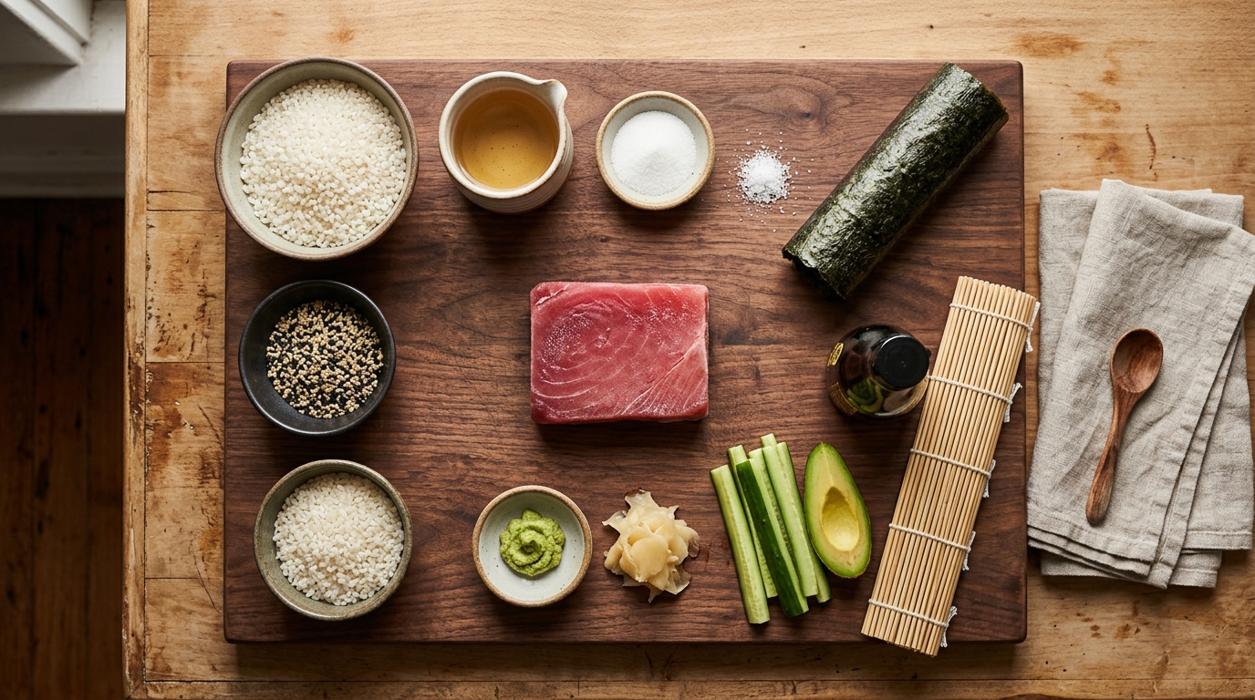 Ingredientes para hacer sushi en casa: arroz, alga nori, lomo de atún, esterilla y wasabi