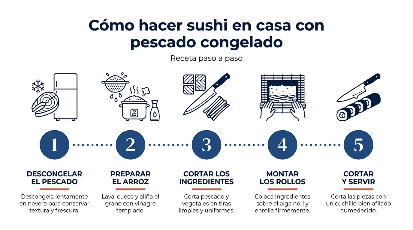 Infografía con los 5 pasos para hacer sushi en casa con pescado congelado