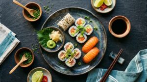 Plato de sushi casero con makis, uramakis y nigiris de salmón