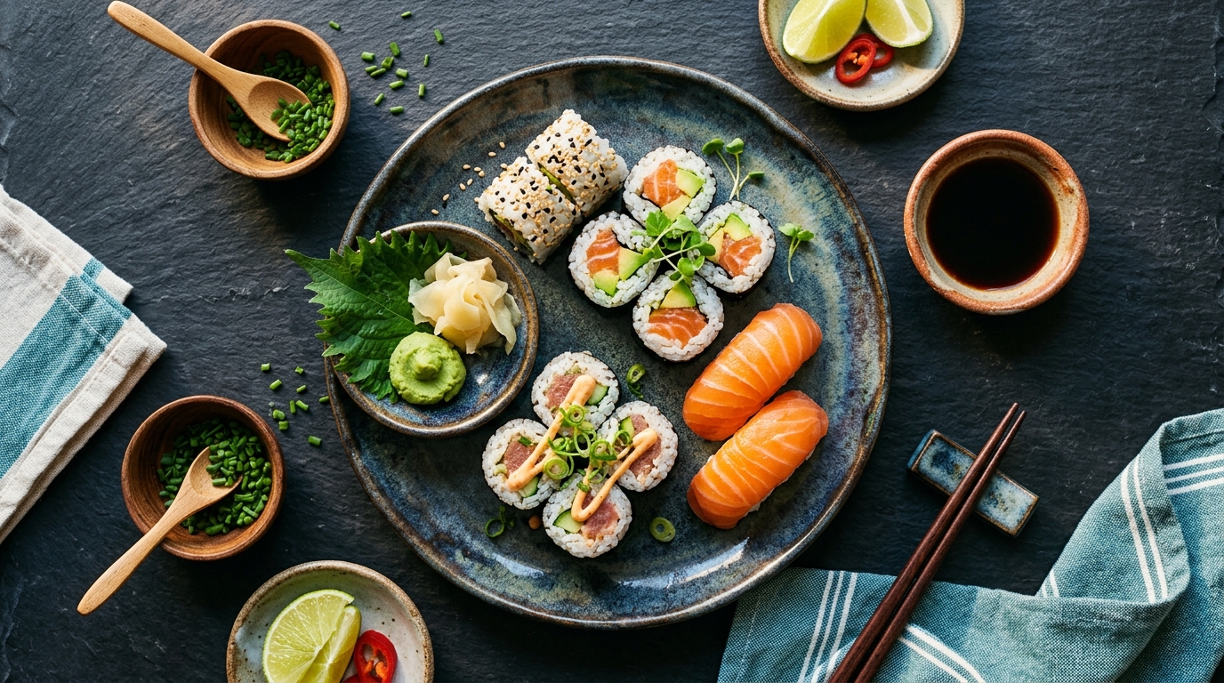 Plato de sushi casero con makis, uramakis y nigiris de salmón