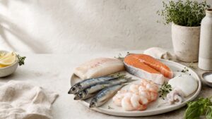 Prato com filé de peixe branco, fatia de salmão, sardinhas, camarões descascados e lula sobre uma mesa clara com limão e ervas.